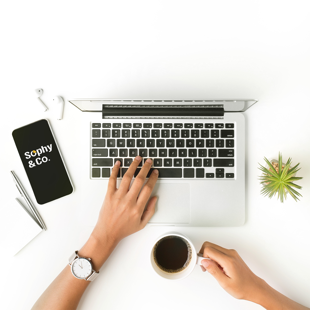 Person using Sophy &Co. software on a laptop with a phone, coffee cup, and plant on a white desk.